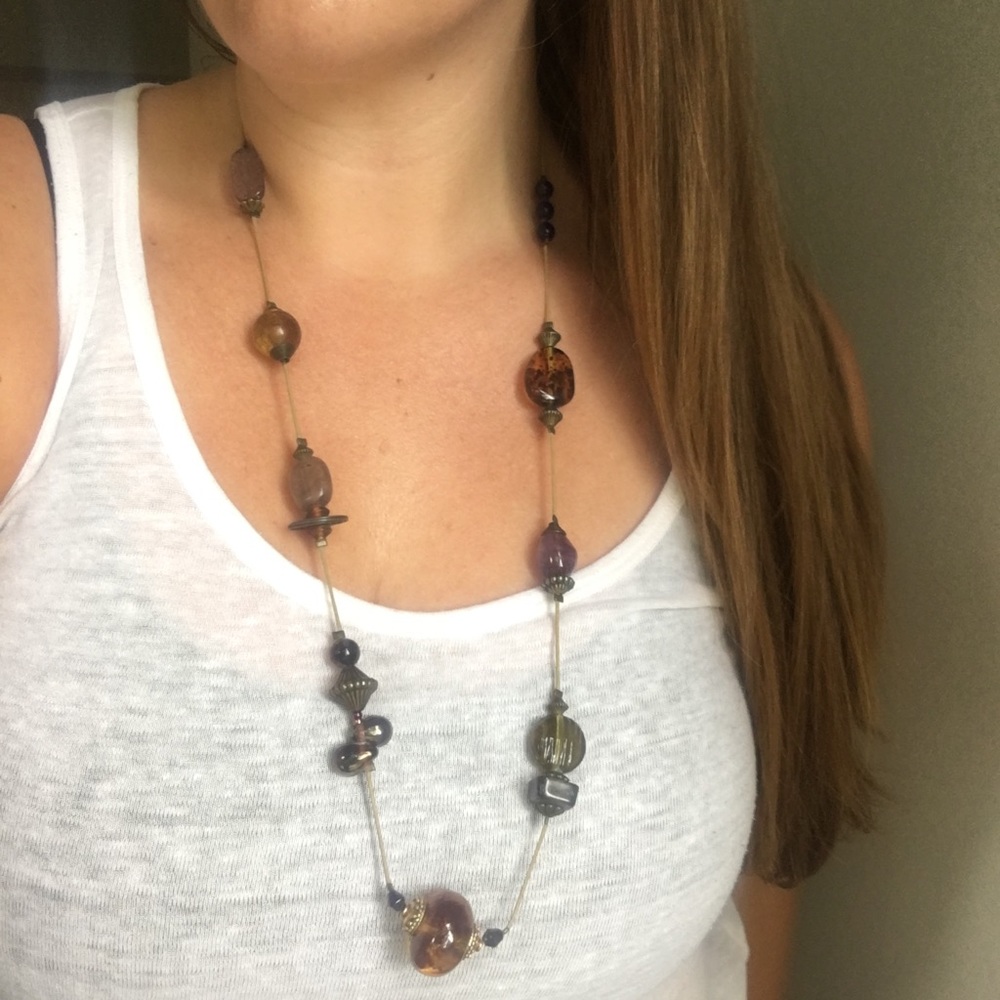 Vintage UNIQUE Beaded Leather Cord Necklace 32”